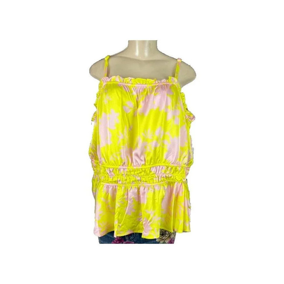 Torrid Plus 4 Yellow-Pink Floral Satin Ruffle Elastic Waist Detail Camisole Top - Picture 2 of 6